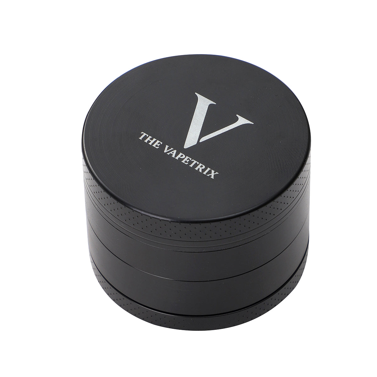 The Vapetrix 4-delige zwarte kruidengrinder met magnetisch deksel, past 5 doseercapsules