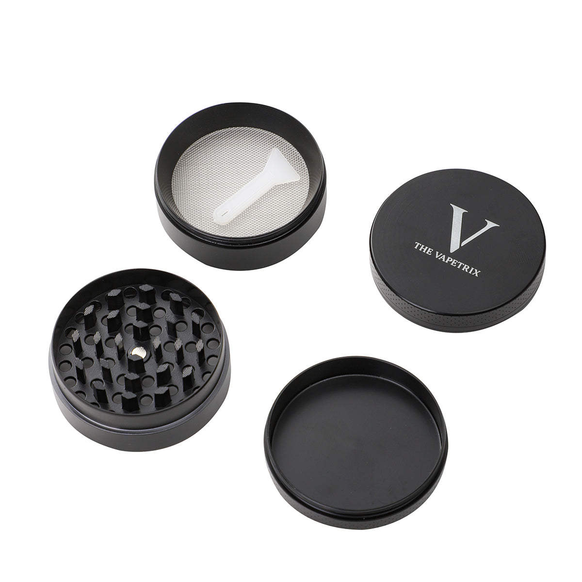 Alle 4 onderdelen van de Vapetrix-grinder: deksel, maalkamer, zeefkamer met schraper, opvangbakje